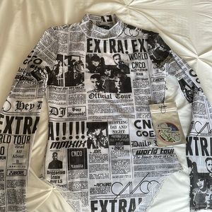 Newspaper print mesh bodysuit